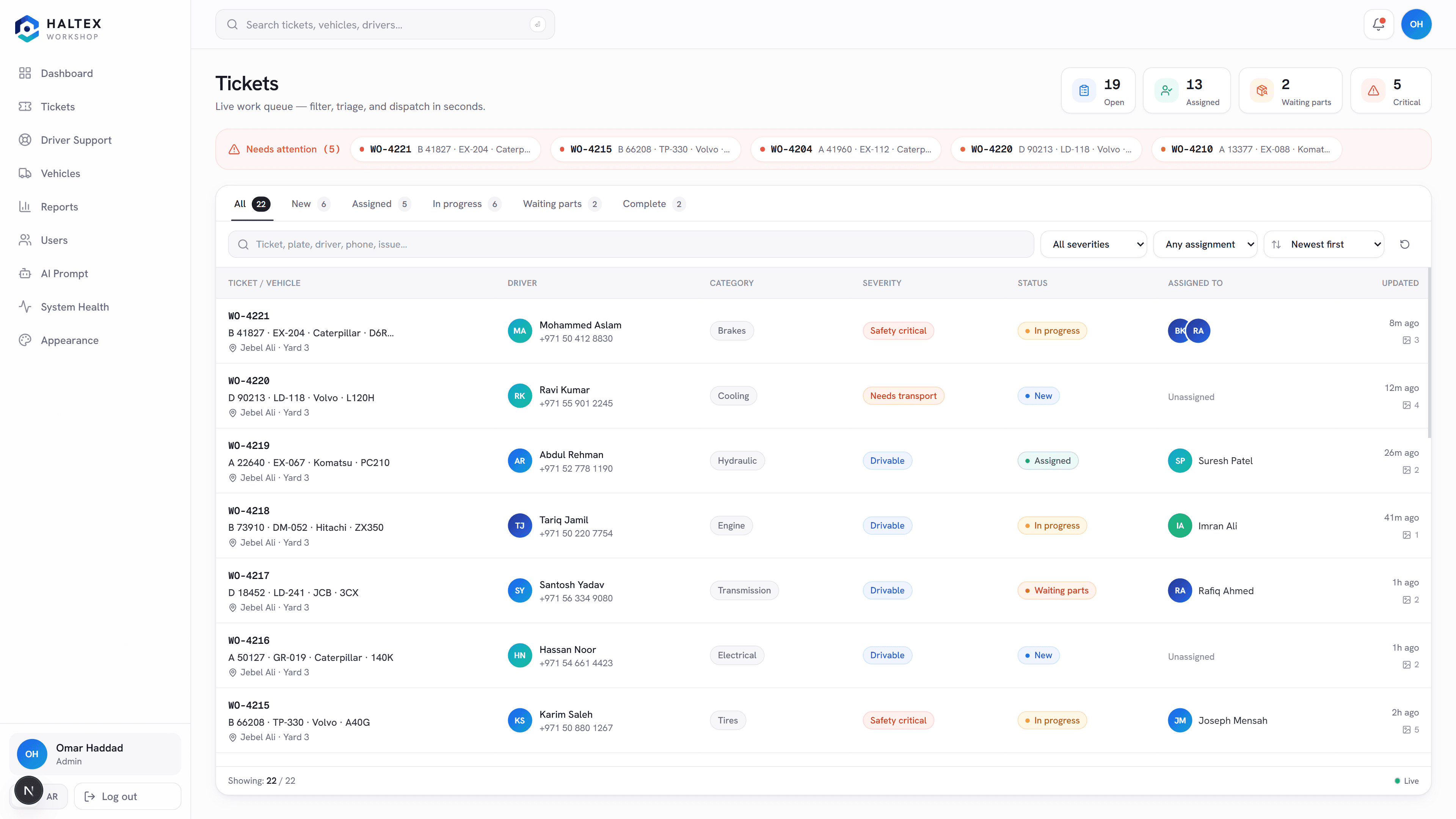 Haltex live tickets queue with assignments, severity, and repair status